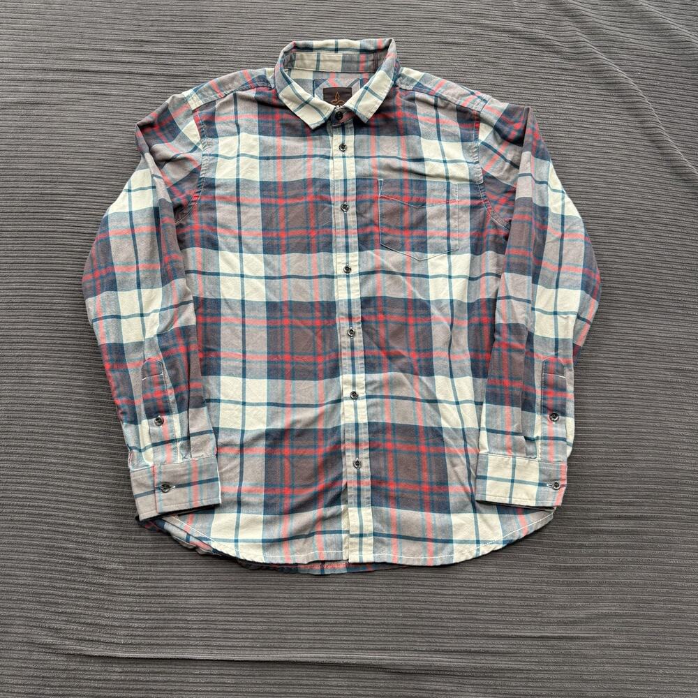 Prana Shirt Mens Medium Blue Red Gray Plaid Button Down Organic Cotton Blend